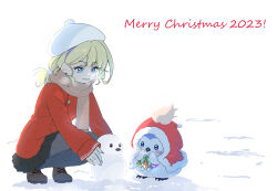  1girl 1other 2023 bird black_pantyhose black_skirt blonde_hair blue_eyes brown_scarf brown_shoes coat earrings hat highres jewelry merry_christmas multicolored_hair nail_polish pantyhose penguin purple_hair purple_nails red_coat santa_costume scarf shadowverse shadowverse_(animated_series) shadowverse_flame shinada_yukari shoes skirt snowman squatting takanashi_tsubasa_(shadowverse_flame) white_hat wingy_(shadowverse_flame) 