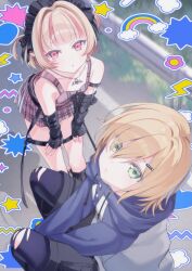  1boy 1girl absurdres alternate_headwear arm_belt arm_strap bare_shoulders belt black_arm_warmers black_belt black_bow black_gloves black_headdress black_leg_warmers black_leggings black_shorts black_straps blonde_hair blue_hood blue_sleeves blunt_bangs blurry blurry_background blush blush_stickers bow breasts chain chain_bracelet chain_necklace collarbone colored_inner_hair crop_top drawstring dutch_angle ear_cuffs feet_out_of_frame fingerless_gloves from_above gloves green_eyes grey_hair hair_bow hair_intakes hair_ornament hair_over_one_eye hairclip harness highres hood hoodie jewelry leaning_forward leg_warmers leggings long_sleeves looking_at_viewer loose_belt maid_headdress makaino_ririmu makaino_ririmu_(6th_costume) miniskirt multicolored_hair multiple_belts necklace nijisanji njuzu no_headwear no_jacket o-ring o-ring_thigh_strap parted_lips pendant pink_hair pink_skirt pink_streaks plaid_clothes plaid_skirt pleated_skirt pocket pointy_ears raglan_sleeves red_eyes short_hair shorts single_blush_sticker skirt sleeveless small_breasts squatting standing sticker streaked_hair studded_belt thigh_strap torn_clothes torn_leggings two-tone_hair two_side_up uzuki_kou uzuki_kou_(5th_costume) v_arms virtual_youtuber wallet_chain white_hoodie wolf_cut 