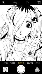  1girl absurdres choker commentary earrings english_commentary fake_phone_screenshot fake_screenshot fingernails greyscale gyaru hair_ornament hair_over_one_eye hair_scrunchie heart_pendant hello_kitty hello_kitty_(character) highres jewelry long_fingernails long_hair long_sleeves looking_at_viewer lughost monochrome multicolored_hair puckered_lips roots_(hair) sanrio scrunchie selfie solo streaked_hair sweater the_ring turtleneck turtleneck_sweater two_side_up v viewfinder yamamura_sadako 