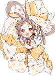  1girl animal_ears arm_up artist_name bow brown_hair highres jikuno open_mouth original rabbit_ears simple_background sleeves_past_fingers sleeves_past_wrists solo upper_body white_background witch yellow_bow yellow_eyes 