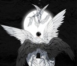  1boy bird black_hair black_wings collared_shirt cowboy_shot dove falling feathered_wings from_behind hinizana kim_dokja limited_palette male_focus multiple_wings omniscient_reader&#039;s_viewpoint shirt short_hair solo standing sun white_shirt white_wings wings 