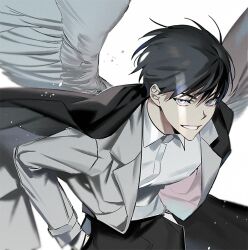  1boy :d black_eyes black_jacket collared_shirt cowboy_shot crack_of_light feathered_wings grey_jacket hands_in_pockets hinizana jacket kim_dokja light_particles looking_at_viewer male_focus omniscient_reader&#039;s_viewpoint shirt smile solo white_shirt white_wings wings 