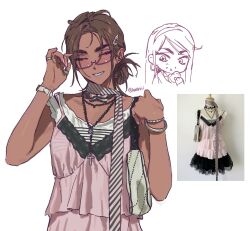  1girl alien_stage bracelet brown_hair closed_eyes commentary dark-skinned_female dark_skin doughnut earrings eating food glasses hair_bun hair_ornament hairclip hashtag-only_commentary highres holding holding_donut holding_food hyuna_(alien_stage) jewelry katsksiii photo_inset pink_nails pink_tank_top ring rosary semi-rimless_eyewear signature solo tank_top watch watch white_tank_top 