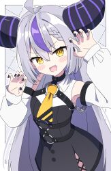  1girl :d absurdres ahoge bare_shoulders black_dress blush_stickers border claw_pose commentary_request cowboy_shot detached_sleeves dress grey_hair hair_between_eyes hands_up highres hololive kaie la+_darknesss long_hair long_sleeves looking_at_viewer multicolored_hair open_mouth outline outside_border purple_hair sleeveless sleeveless_dress smile solo streaked_hair two-tone_hair virtual_youtuber white_border white_outline white_sleeves yellow_eyes 