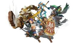  5boys animal_feet anklet arms_up artist_request beak beard bird_boy bird_legs blue_eyes blue_gloves blue_skin blue_skirt body_fur bodypaint braid brown_eyes brown_hair brown_hat brown_sandals cadlan_(zelda) claws claymore_(sword) closed_mouth colored_skin earrings elbow_gloves facepaint facial_hair feathered_wings fighting_stance fingerless_gloves fins fish_boy forked_eyebrows freckles full_body furrowed_brow furry furry_male gills gloves goron green_eyes green_fur green_wings hand_on_own_hip happy hat head_fins head_tail headpiece highres holding holding_polearm holding_sword holding_weapon hyrule_warriors:_age_of_imprisonment jewelry legs_apart looking_at_viewer male_focus mask multicolored_skin multiple_boys multiple_earrings mustache official_art one_eye_closed open_mouth pants pastos_(zelda) pointy_ears polearm quino_(zelda) rito sandals scarf serious short_hair sidelocks simple_background single_braid skirt smile spear standing sword teeth the_legend_of_zelda the_legend_of_zelda:_tears_of_the_kingdom thick_eyebrows toga topless_male transparent_background two-tone_fur two-tone_skin typhan_(zelda) unworn_mask v-shaped_eyebrows vence_(zelda) weapon white_fur white_hair white_pants white_scarf white_skin winged_arms wings yellow_eyes zora 