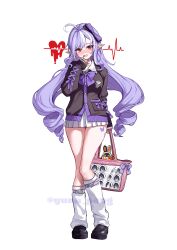  1girl absurdres ahoge alternate_costume bag belle_(zenless_zone_zero) black_nails black_shoes blush bow collared_shirt full_body heart-shaped_bag highres holding holding_bag itabag long_hair long_sleeves looking_at_viewer multicolored_hair open_mouth oshi-katsu pointy_ears purple_bow purple_hair red_eyes revision school_uniform shirt shoes simple_background socks solo standing streaked_hair thighs very_long_hair vivian_banshee white_background white_hair white_shirt white_socks yuna_(deadawon) zenless_zone_zero 