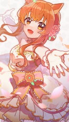  1girl animal_ears bare_shoulders bow breasts commentary_request dress flower hair_flower hair_ornament highres horse_ears horse_girl long_hair looking_at_viewer maico_(manya0321) mayano_top_gun_(sunlight_bouquet)_(umamusume) mayano_top_gun_(umamusume) official_alternate_costume open_mouth orange_eyes orange_hair simple_background solo strapless strapless_dress umamusume wedding_dress white_dress 