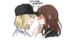  2girls bang_dream! bang_dream!_it&#039;s_mygo!!!!! baseball_cap black_hat black_shirt blonde_hair blush brown_hair commentary dayne_duh ear_blush english_commentary english_text hat highres long_hair medium_hair misumi_uika multiple_girls puckered_lips shirt simple_background sumita_mana sweatdrop violet_eyes white_background white_shirt yuri 