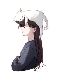  1girl animal_on_head animalization bang_dream! bang_dream!_it&#039;s_mygo!!!!! baseball_cap black_hat brown_hair closed_mouth crossed_arms hat hibioes highres kaname_raana long_hair mole mole_under_eye on_head raana_the_cat shiina_taki simple_background upper_body violet_eyes white_background 