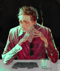  1boy arm_tattoo black_background blue_eyes brown_hair card chest_tattoo cigarette collared_shirt ctkcave cup earrings eyewear_hang finger_tattoo hand_tattoo holding holding_cigarette jewelry looking_to_the_side male_focus mature_male original own_hands_together playing_card red_shirt shirt short_hair simple_background smoke smoke_trail solo spiky_hair sunglasses table tattoo unworn_eyewear 