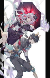  1boy 1girl absurdres black_hair dan_heng_(honkai:_star_rail) dan_heng_(permansor_terrae)_(honkai:_star_rail) dragon_boy dragon_horns dragon_tail dress english_commentary evernight_(honkai:_star_rail) flower gauntlets gloves green_eyes hadanugi_dousa hair_flower hair_ornament hairclip highres holding holding_polearm holding_umbrella holding_weapon honkai:_star_rail honkai_(series) horns layered_dress long_hair low_ponytail lowah march_7th_(honkai:_star_rail) pants parallel_hairclips pink_hair pointy_ears polearm ponytail red_eyes shoes smile tail tassel umbrella very_long_hair weapon 