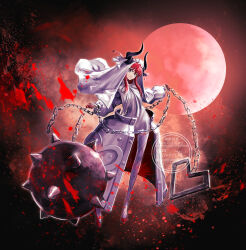  152_in_can 1girl blue_eyes chain curled_horns dragon_girl dragon_horns dress elizabeth_bathory_(avenger)_(fate) fate/grand_order fate_(series) fishnets fishnets_over_socks highres horns long_hair mace red_hair solo spiked_mace spikes thighhighs_under_pantyhose two_side_up veil weapon white_dress white_headdress white_veil 