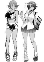  1girl bloomers blush breasts clash_kuro_neko dark-skinned_female dark_skin highres large_breasts light_blush looking_at_viewer monochrome original pants ramune school_uniform short_hair sketch smile tan tanlines tomboy track_and_field track_pants 