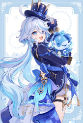  1girl 6u_(eternal_land) adjusting_clothes adjusting_headwear ahoge ascot blue_ascot blue_eyes blue_gemstone blue_hair blue_hat blue_jacket cowlick drop-shaped_pupils eyelash_ornament from_behind furina_(genshin_impact) gem genshin_impact gloves hair_between_eyes hat heterochromia jacket long_hair long_sleeves multicolored_hair open_mouth ouji_fashion smile solo streaked_hair surintendante_chevalmarin symbol-shaped_pupils top_hat white_gloves white_hair 