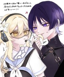 1boy 1girl ^^^ alternate_costume artist_name behind_another black_bodysuit blonde_hair blue_sailor_collar blue_trim blunt_ends bodysuit bruise bruise_on_face bulletproof_vest chest_harness colored_inner_hair covered_collarbone eyelashes eyeliner eyeshadow fingernails flower genshin_impact goggles gold_ring grey_trim hair_between_eyes hair_flower hair_ornament halterneck hand_up harness headset heart hetero highres hoyofair injury light_blush looking_at_another lumine_(genshin_impact) makeup mandarin_collar middle_ring multicolored_hair neckerchief o-ring o-ring_harness open_mouth parted_lips playing_with_another&#039;s_hair purple_hair red_eyeliner red_eyeshadow runn0524 safety_glasses sailor_collar scaramouche_(genshin_impact) scarf short_hair short_hair_with_long_locks short_sleeves sidelocks signature smile sweatdrop tareme tinted_eyewear translation_request tsurime violet_eyes wanderer_(genshin_impact) white_background white_flower white_neckerchief white_scarf white_sleeves wispy_bangs yellow-tinted_eyewear yellow_eyes 
