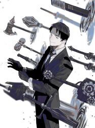  1boy adjusting_clothes adjusting_gloves black_eyes black_hair black_jacket black_necktie black_pants closed_mouth collared_shirt cowboy_shot gloves greatsword hammer highres jacket lance library_of_ruina looking_at_viewer mace mye_66 necktie pants polearm project_moon roland_(project_moon) shirt simple_background smile solo sword weapon white_background white_shirt 