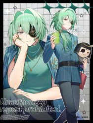  1boy absurdres anaxa_(honkai:_star_rail) aqua_eyes aqua_hair black_pants blue_jacket closed_mouth eyepatch hair_between_eyes highres holding holding_stuffed_toy honkai:_star_rail honkai_(series) jacket jewelry long_hair long_sleeves multiple_views necklace open_clothes open_jacket pants sg_(under_siiiiii) stuffed_toy 