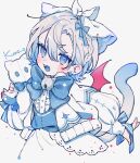  1girl absurdres artist_name blue_bow blue_eyes blue_hair bow bowtie braid cat_tail demon_wings grey_background highres holding jacket jikuno multicolored_hair open_mouth original short_hair simple_background solo tail upper_body white_hair white_jacket wings 