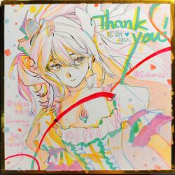  1girl absurdly_long_hair absurdres artist_name bow bow_choker center_frills chest_jewel chinese_commentary choker closed_mouth commentary_request confetti dot_nose dress eyelashes floating_hair frilled_dress frilled_sleeves frills gem hair_between_eyes happy highres kaname_madoka long_hair looking_at_viewer magical_girl mahou_shoujo_madoka_magica mahou_shoujo_madoka_magica_(anime) pink_dress pink_eyes pink_gemstone pink_hair puffy_short_sleeves puffy_sleeves riko-m short_sleeves smile solo square_neckline streamers thank_you traditional_media two_side_up upper_body very_long_hair white_background white_bow white_choker white_sleeves 