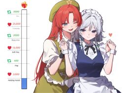  2girls ;d apron blue_eyes braid closed_mouth english_text grey_hair highres holding_hands hong_meiling izayoi_sakuya long_hair maid maid_apron maid_headdress multiple_girls one_eye_closed open_mouth red_hair sarukana short_hair simple_background smile touhou twin_braids white_background yuri 