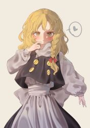  1girl apron black_skirt black_vest blonde_hair blush bow braid heart highres kirisame_marisa niru_(ka_k_0517) red_bow side_braid single_braid skirt spoken_heart sweater touhou turtleneck turtleneck_sweater vest waist_apron white_background yellow_eyes 