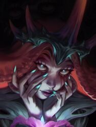  1girl crown fingernails flora_fatalis_soraka glowing glowing_eyes green_nails hands_up highres horror_(theme) league_of_legends long_hair looking_at_viewer makeup purple_lips red_hair ricefarmer272 sharp_fingernails solo soraka_(league_of_legends) 