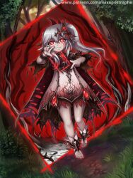  1girl alternate_eye_color alternate_hair_color cape commentary cross-shaped_pupils dark_persona dress english_commentary forest full_body genshin_impact gradient_clothes gradient_dress grass grey_hair half_crown_braid magic maxa&#039; nahida_(genshin_impact) nature pale_skin red_eyes short_dress side_ponytail solo stirrup_footwear symbol-shaped_pupils torn_cape torn_clothes web_address white_dress 