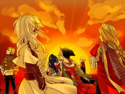  2girls 4boys acolyte_(ragnarok_online) alchemist_(ragnarok_online) blonde_hair brown_cape brown_eyes brown_scarf brown_shirt cape capelet clouds coat commentary_request cowboy_shot from_behind fur-trimmed_shirt fur_trim high_ponytail long_hair looking_at_viewer looking_back minstrel_(ragnarok_online) multiple_boys multiple_girls orange_shirt orange_theme outdoors ponytail priest_(ragnarok_online) ragnarok_online red_coat red_hair rogue_(ragnarok_online) scarf shirt short_hair skirt striped_clothes striped_scarf sun sunset toriria yellow_capelet yellow_skirt 
