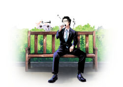  1boy 1girl absurdres aqua_necktie arrow_(symbol) bench black_hair black_pants black_shoes black_suit blue_archive bush closed_eyes collared_shirt commentary day diagonal-striped_clothes diagonal-striped_necktie dress_shirt eyeball_hair_ornament full_body grey_hair halo hand_up highres kanoe_(blue_archive) long_sleeves nakamobu necktie on_bench orange_halo outdoors pants park_bench peeking_out sensei_(blue_archive) shirt shoes short_hair sitting sleepy sound_effects squeans striped_clothes suit teeth translated upper_teeth_only white_shirt wooden_bench yawning 