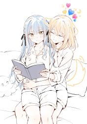  2girls absurdres bang_dream! bang_dream!_it&#039;s_mygo!!!!! blonde_hair blue_hair blush book closed_eyes closed_mouth commentary cushion drawn_ears drawn_tail heart_emoji highres holding holding_book hug hug_from_behind long_hair medium_hair misumi_uika multiple_girls reading sen_jin_chen shirt shorts sitting sitting_on_lap sitting_on_person stuffed_animal stuffed_octopus stuffed_toy symbol-only_commentary togawa_sakiko yellow_eyes yuri 