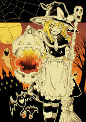 1girl apron bat_(animal) black_hat black_skirt black_vest blonde_hair bow braid broom ghost halloween hat hat_ribbon highres holding holding_pumpkin inuno_rakugaki jack-o&#039;-lantern kirisame_marisa mansion moon necktie pumpkin ribbon scar scar_on_face shirt side_braid silk single_braid skirt skull_ornament socks solo spider_web star_(symbol) striped_clothes striped_socks tongue tongue_out touhou tree vest waist_apron white_bow white_necktie white_ribbon white_shirt witch_hat yellow_eyes 