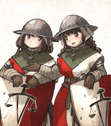  2girls amulet armor balance_scale_print belt braid braided_twintails brown_eyes brown_hair capelet closed_mouth coif commentary english_commentary facing_viewer gambeson gloves green_capelet highres holding holding_shield ironlily kettle_helm long_hair looking_at_another medieval medium_hair multiple_girls open_mouth ordo_mediare_sisters_(ironlily) pauldrons shield shoulder_armor simple_background sister-at-arms_(ironlily) surcoat twin_braids_sister_(ironlily) white_background 