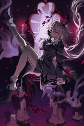  1girl branch candle commentary dress evernight_(honkai:_star_rail) evey_(honkai:_star_rail) flower gloves highres honkai:_star_rail honkai_(series) long_hair march_7th_(honkai:_star_rail) mirror petals pink_background pink_hair red_background red_eyes shadow shoes smile very_long_hair wira 