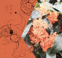  2girls artist_name closed_eyes dress elbow_gloves flower from_side gloves hat headset highres jester_cap leaf multiple_girls neck_ribbon open_mouth orange_flower original pepeppepe101 photo_inset plant puffy_short_sleeves puffy_sleeves ribbon short_sleeves translation_request 