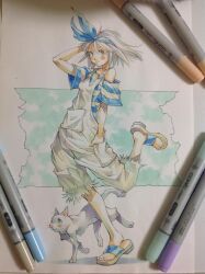  1girl animal arm_behind_head arm_up art_tools_in_frame asymmetrical_legwear black_eyes blue_bow blue_hairband blue_shirt bow bow_hairband cat closed_mouth commentary_request grey_hair hairband hand_in_pocket leg_up marker off_shoulder original overalls peter_salt sandals shirt short_hair single_off_shoulder smile standing standing_on_one_leg striped_clothes striped_shirt torn_clothes torn_overalls traditional_media uneven_legwear white_cat white_overalls 