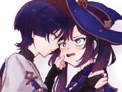  1boy 1girl armor asymmetrical_bangs black_bridal_gauntlets black_hair black_mouth blue_hat blue_sleeves blunt_bangs blunt_ends blush bridal_gauntlets cheek_pinching cheek_pull clenched_hand closed_mouth crescent crescent_hat_ornament curtained_hair earrings eye_contact eyelashes eyeliner eyeshadow face-to-face fingernails fur_collar genshin_impact gold_earrings gold_ring gold_trim gradient_hair grey_eyes hands_up hat hat_ornament hetero highres holding_another&#039;s_hair japanese_armor jewelry kote kurokote layered_sleeves light_frown long_hair looking_at_another makeup middle_ring mona_(genshin_impact) multicolored_hair parted_bangs pinching pink_hair pon_oi4 purple_rope red_eyeliner red_eyeshadow red_hat rope scaramouche_(genshin_impact) short_sleeves sidelocks sideways_mouth single_hair_intake star_(symbol) star_earrings star_hat_ornament sweatdrop teeth tongue tsurime turtleneck two-sided_fabric two-sided_headwear upper_teeth_only violet_eyes wanderer_(genshin_impact) white_background white_sleeves 