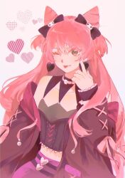  1girl bang_dream! bang_dream!_it&#039;s_mygo!!!!! black_bow black_jacket bow chihaya_anon commentary cone_hair_bun earrings fang geosmichi77 grey_eyes hair_bow hair_bun heart heart_earrings highres indoors jacket jewelry long_hair midriff one_eye_closed open_clothes open_jacket pink_hair sanrio simple_background solo symbol-only_commentary tongue tongue_out two_side_up white_background 