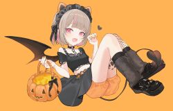  1girl :d alternate_costume animal_ears basket bat_ornament belt black_choker black_headdress black_leg_warmers black_ribbon black_shirt black_shoes black_skirt black_tail black_wings bloomers blunt_bangs blush bob_cut bra_strap candy cat_ears choker claw_pose colored_inner_hair cropped_shirt demon_tail demon_wings fake_animal_ears fang fishnet_thighhighs fishnets floating food full_body grey_hair heart highres holding holding_basket jack-o&#039;-lantern knees_up leg_tattoo leg_warmers looking_at_viewer maid_headdress makaino_ririmu medium_hair miniskirt monodoroooon multicolored_hair nijisanji o-ring o-ring_belt o-ring_choker orange_background orange_belt orange_bloomers pink_hair pink_streaks pointy_ears red_eyes ribbon shirt shoes short_sleeves simple_background single_off_shoulder single_thighhigh skirt smile solo streaked_hair tail tattoo thigh-highs torn_clothes torn_sleeves two-tone_hair virtual_youtuber w_arms winged_heart winged_heart_tattoo wings 