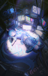  1girl absurdres aqua_hair aqua_necktie aqua_shirt aqua_skirt arms_behind_head black_boots black_skirt black_sleeves boots closed_mouth detached_sleeves foot_out_of_frame frilled_shirt frills hatsune_miku highres kosaka_kaslana light_smile long_hair multicolored_shirt multicolored_skirt navel necktie on_floor shirt skirt solo television thigh_boots twintails twitter_username two-tone_shirt two-tone_skirt very_long_hair vocaloid white_shirt 