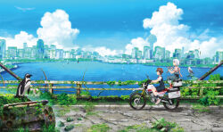  2girls absurdres airi_(shuumatsu_touring) bird black_dress blue_overalls blue_sky brown_hair city cityscape clouds cumulonimbus_cloud day dress fishing_rod grass harbor highres holding holding_fishing_rod hood hoodie key_visual leaf motor_vehicle motorcycle multiple_girls official_art on_motorcycle overalls penguin pink_hoodie promotional_art railing road ruins seagull shirt shuumatsu_touring sky white_hair white_shirt youko_(shuumatsu_touring) 