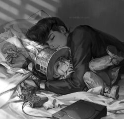  2boys artist_name closed_eyes commentary_request diamond_wa_kudakenai eyelashes frown game_console greyscale heaven's_door higashikata_josuke highres hug jacket jojo_no_kimyou_na_bouken kdash long_sleeves male_focus monochrome multiple_boys pillow playstation_1 playstation_controller pompadour realistic short_hair sleeping stand_(jojo) 