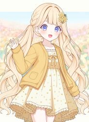  1girl :d blonde_hair blue_eyes clenched_hand cowboy_shot dot_nose dress drill_hair flower hair_flower hair_intakes hair_ornament highres jacket light_blush long_hair long_sleeves looking_at_viewer low_twintails open_clothes open_jacket original san_nana smile solo sundress twin_drills twintails very_long_hair waving yellow_dress yellow_flower yellow_jacket 