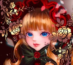  1girl 2023 artist_name blonde_hair blue_eyes bow bowtie dated eyelashes flower green_bow green_bowtie highres lips long_hair looking_at_viewer pink_lips portrait red_flower red_rose rose rozen_maiden shinku solo soyohito 