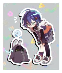  1girl bangboo_(zenless_zone_zero) belle_(zenless_zone_zero) black_socks black_thighhighs blue_hair chibi chibi_only green_eyes hair_between_eyes hair_ornament hood hood_down long_sleeves open_mouth shoes short_hair simple_background single_sock single_thighhigh sneakers socks spoken_x standing sweatdrop tatumin13 thigh-highs zenless_zone_zero 