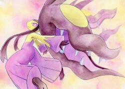  1girl ass big_hair black_hair black_skin bright_pupils closed_mouth colored_skin commentary_request extra_mouth flat_chest from_side full_body happy jumping long_hair looking_at_viewer mawile mega_mawile mega_pokemon multicolored_skin outstretched_arms pokemon pokemon_(creature) profile purple_skin sharp_teeth sidelocks sideways_mouth smile solo teeth traditional_media very_long_hair violet_eyes white_pupils yellow_background yellow_skin yuka_(yukaaaaaaa0705) 