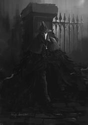  1girl blade_of_mercy bloodborne boots cloak coat commentary_request dual_wielding eileen_the_crow feather-trimmed_coat fence greyscale hat highres holding holding_weapon jewelry mask monochrome necklace outdoors plague_doctor_mask sitting solo sword tripdancer weapon 