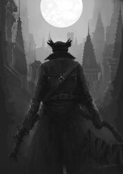  1boy artist_name bloodborne city coat commentary_request from_behind gloves greyscale hat highres holding holding_weapon hunter_(bloodborne) monochrome moon outdoors saw saw_cleaver solo tricorne tripdancer weapon 