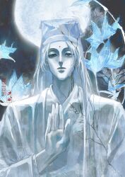  1boy absurdres artist_request bindi black_eyes blue_flower blue_theme broken_statue chinese_clothes chinese_commentary closed_mouth coat commission crack cracked_skin crying crying_with_eyes_open dao_gui_yi_xian flower full_moon hand_up hanfu hat highres jin_(headwear) long_hair long_sleeves looking_at_viewer lotus male_focus moon night night_sky open_clothes open_coat robe seal_impression second-party_source sky solo statue tears upper_body white_coat white_hair white_hanfu white_hat zhouzi_jin_(headwear) zhuge_yuan 
