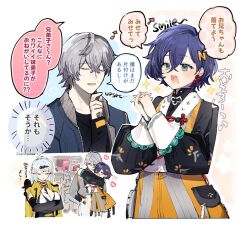  1boy 2girls animal_on_shoulder belle_(delicate_sunlight)_(zenless_zone_zero) belle_(zenless_zone_zero) bird bird_on_shoulder blue_hair blush breasts china_dress chinese_clothes closed_eyes commentary_request crossed_bangs dress earrings green_eyes hair_between_eyes hair_ornament heart hug jacket jewelry long_hair long_sleeves multiple_girls musical_note open_clothes open_jacket open_mouth own_hands_together short_hair sparkle sweat tatumin13 translation_request twitter_username wise_(soaring_crane)_(zenless_zone_zero) wise_(zenless_zone_zero) yixuan_(zenless_zone_zero) zenless_zone_zero 