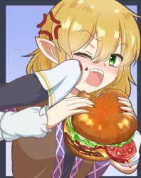  2girls anger_vein annoyed arm_warmers blonde_hair blue_background brown_shirt burger commentary_request food green_eyes handkerchief holding holding_burger holding_food holding_handkerchief kurodani_yamame kyacchi0229 mizuhashi_parsee multiple_girls one_eye_closed open_mouth pointy_ears shirt short_hair solo_focus tomato tomato_slice touhou wiping_face 